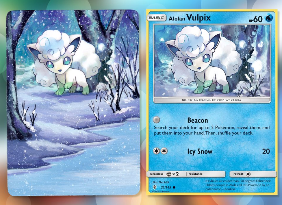 A Pokemon card of Vulpix, beside a painting on the same card. The name of the Pokemon and other similar information has been painted over to extend the landscape, creating a snowy scene with a frozen river and tall trees.