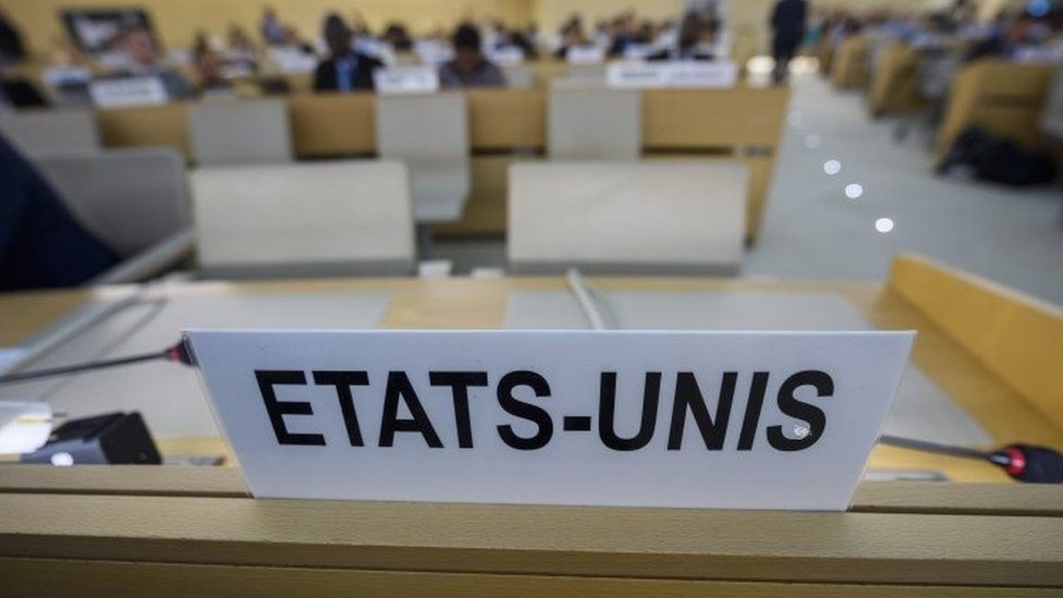 The US name plate reading "Etats-Unis" in French is seen a day after the US announced its withdrawal at a UN Human Rights Council in Geneva, Switzerland