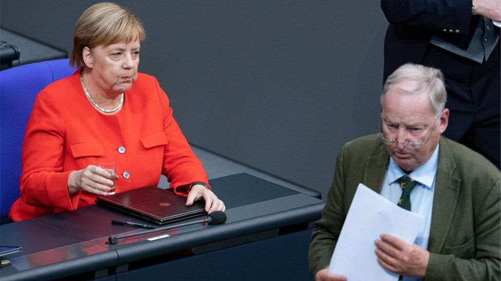 German Chancellor Angela Merkel (L) and Co-leader of the Alternative for Germany party (AfD) Alexander Gauland during a session of the German parliament "Bundestag" in Berlin, Germany, 12 September 2018