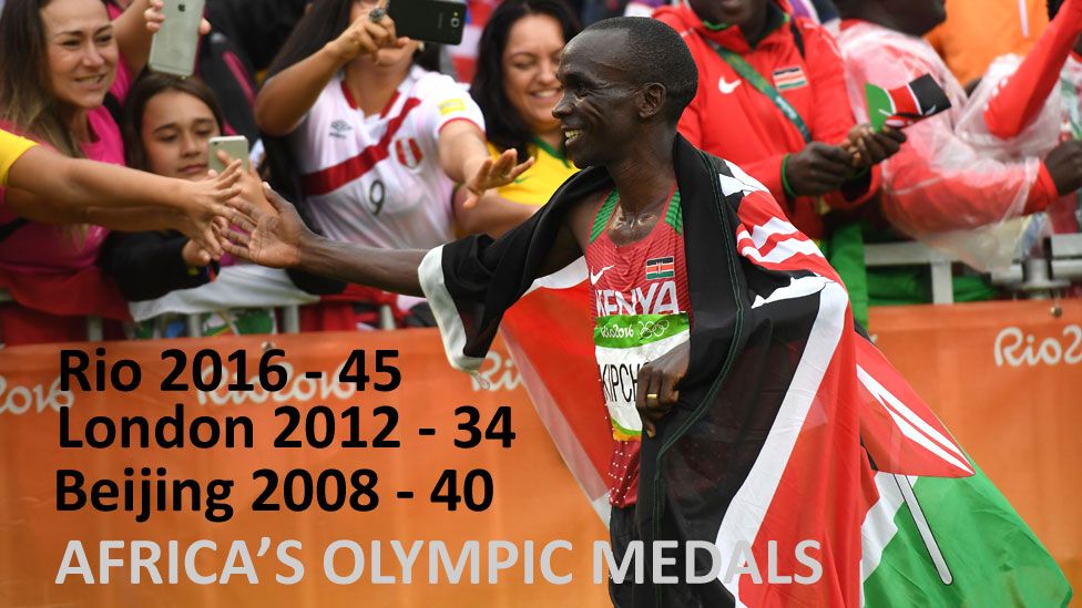 Photo of Eliud Kipchoge of Kenya celebrating his marathon gold on 21 August 2016 in Rio de Janeiro, Brazil - with totals of African medals at the Rio, London and Beijing Games