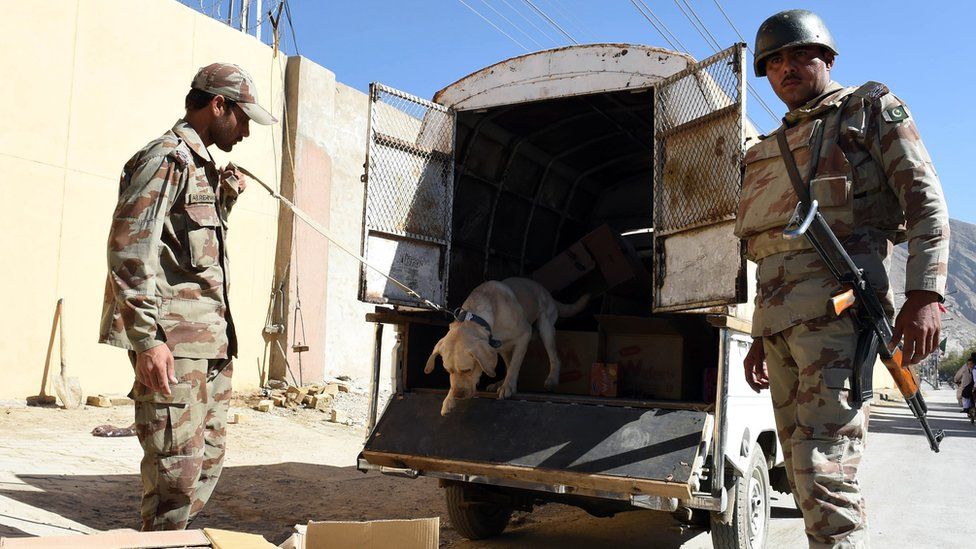 A Pakistani soldier uses a sniffer dog to search a vehicle at a checkpoint in Quetta on October 20, 2015 following an overnight explosion.