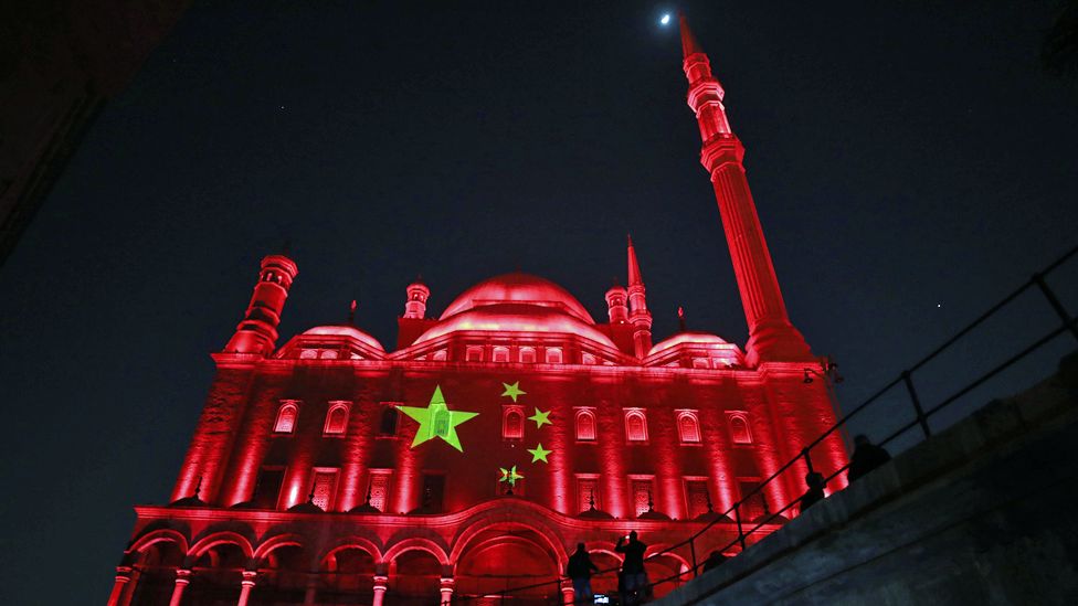 The Citadel of Saladin illuminated in the colours of the Chinese flag in Cairo, Egypt - Sunday 1 March 2020