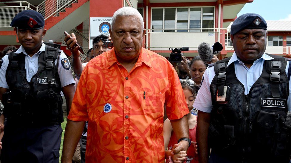 Frank Bainimarama walks with two police officers