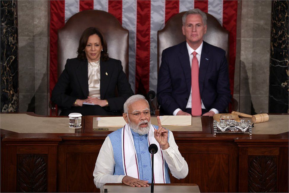 Indian Prime Minister Narendra Modi delivers remarks to a joint meeting of Congress at the U.S. Capitol on June 22, 2023 in Washington, DC. Modi is on his first official state visit to the United States and has met with President Biden, Congressional leaders and will visit the State Department tomorrow to discuss strengthening India - U.S. relations. Se