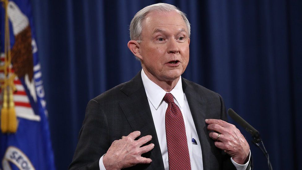 Jeff Sessions answers questions during a press conference at the Department of Justice on 2 March, 2017 in Washington, DC.