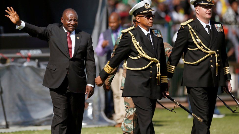 Ramaphosa waving to crowds after taking oath of office