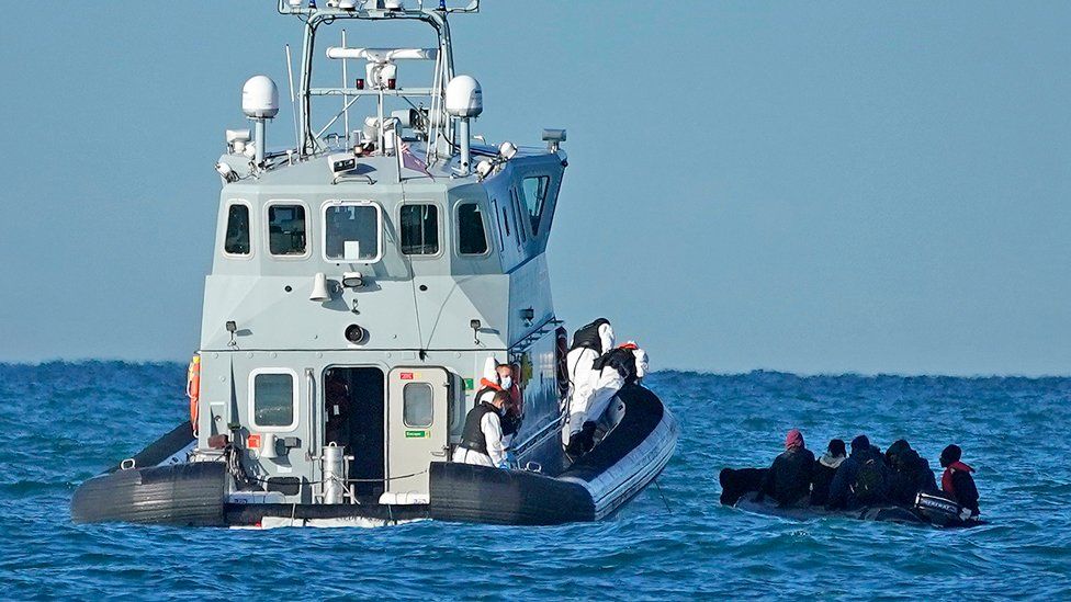 UK Border Force Patrol cutter 'Hunter' rescues nine migrants in a dinghy, with a failed engine, as they drift in the English Channel on September 06, 2020 in Dover, England.