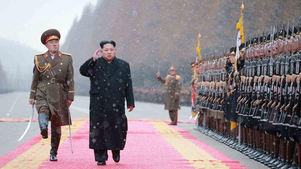 North Korean leader Kim Jong Un saluting during a visit to the Ministry of the People"s Armed Forces