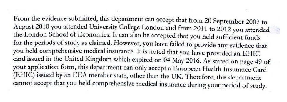A letter from the Home Office to Tim Strahlendorf, denying him residency