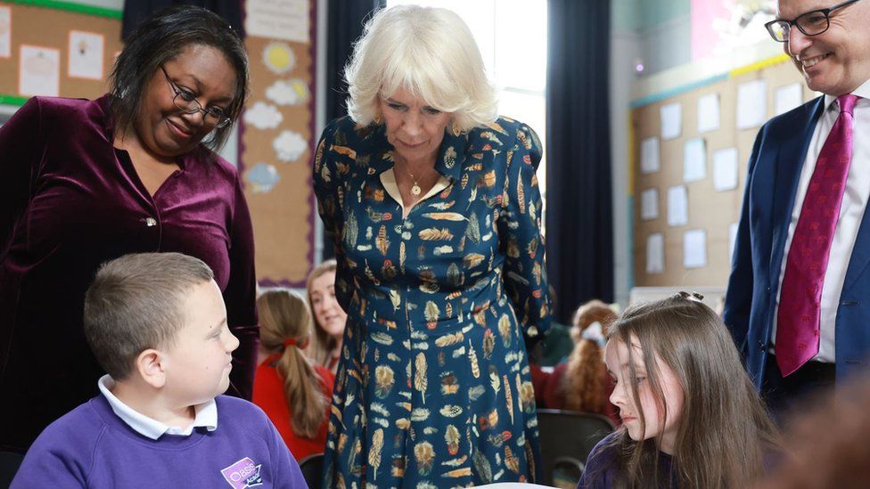 Camilla with school children at Shirehampton primary school