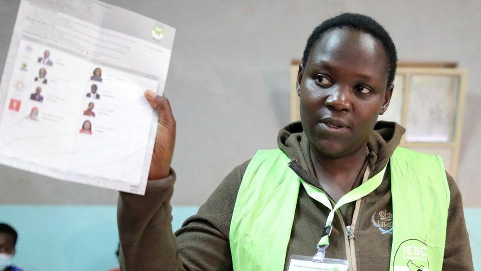 Election official holding up ballot paper