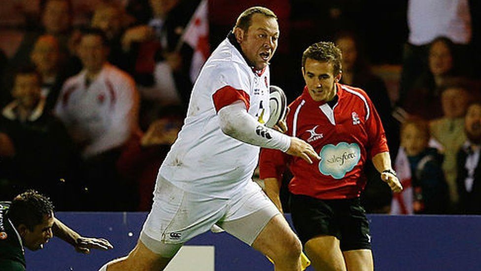 Steve Thompson on his way to scoring during the England Legends against Australia Legends match at Twickenham Stoop on October 31, 2013 in London