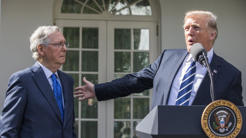 US President Donald J. Trump (R) and Senate Majority Leader Mitch McConnell (L) speak to the media after meeting for lunch at the White House in Washington, DC, USA, 16 October 2017