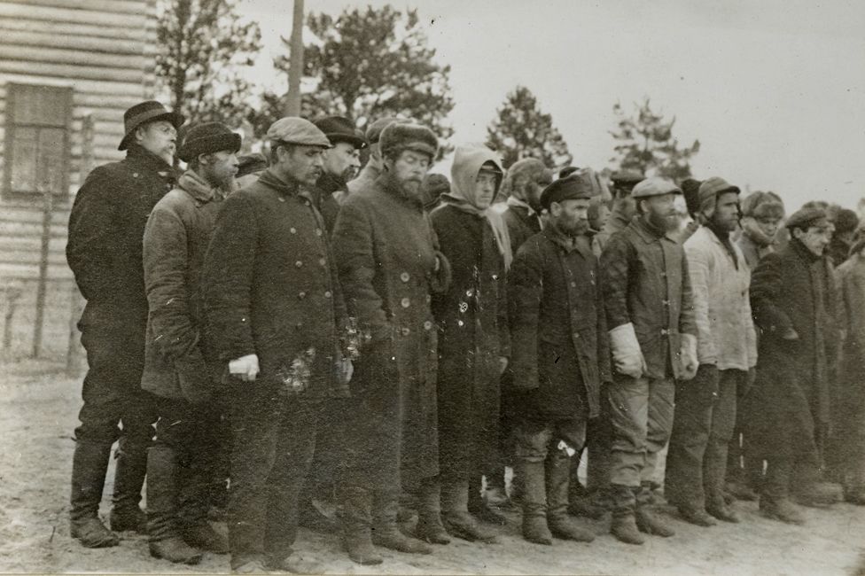 Bolshevik prisoners lined up in the prison camp on Mudyug island