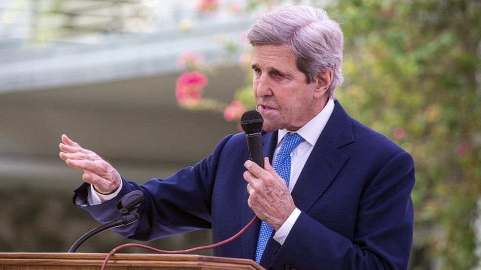 Special US envoy on climate John Kerry speaks at a joint news conference with Bangladesh Foreign Minister Dr AK Abdul Momen in Dhaka, Bangladesh, 09 April 2021