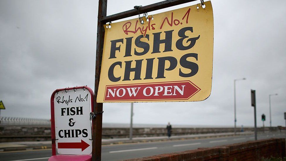 Fish and chips sign in Rhyl, Denbighshire