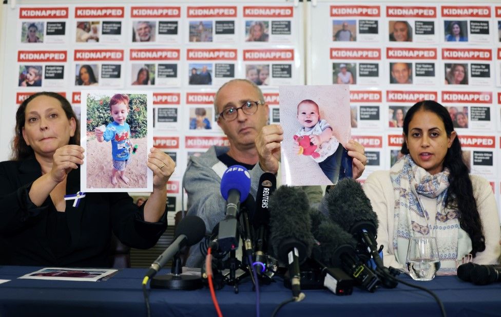 (L-R) Ayelet Svatitzky, David Bar and Ofri Bibas Levi, relatives of Israeli hostages, at a London press conference