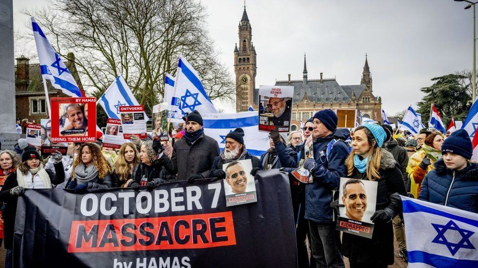 Pro-Israelis take part in a demonstration during a hearing at the International Court of Justice (ICJ)