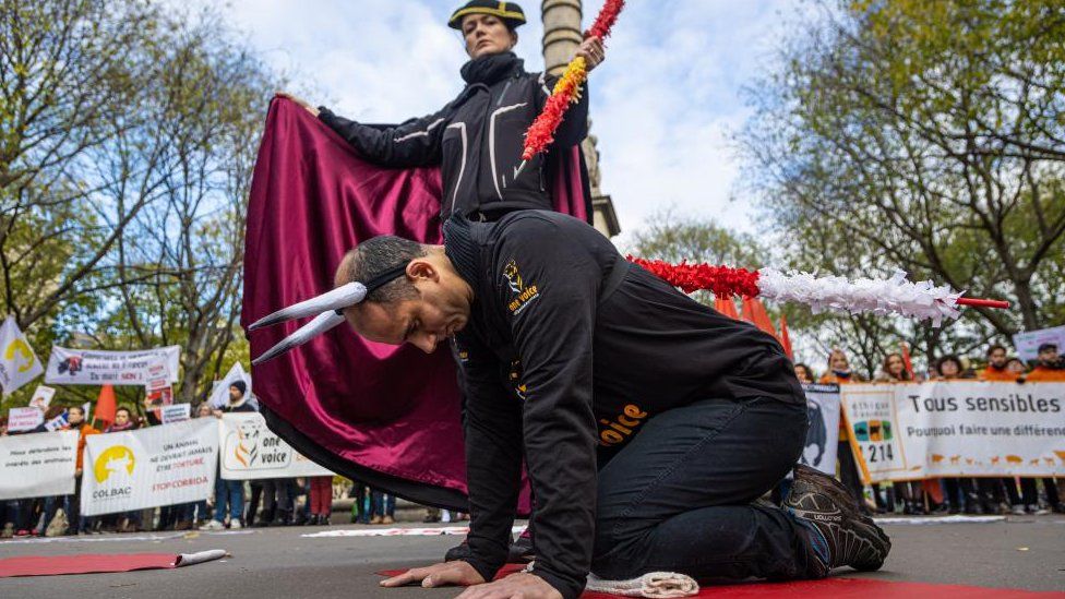 Anti-corrida activists mime a bullfight scene as they demonstrate in Paris, France, 19 November 2022