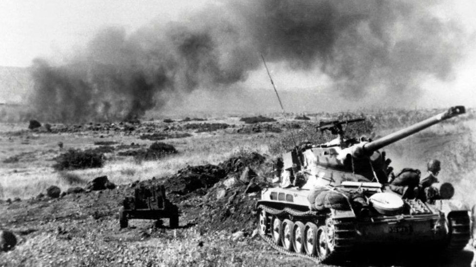 French-built Israeli tanks in action in this photo taken June 1967 during the six-day war on the Golan Heights.