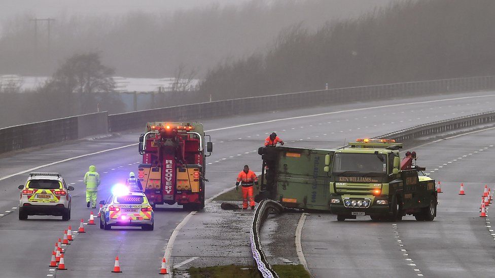 Overturned lorry on M4 between Bridgend and Port Talbot