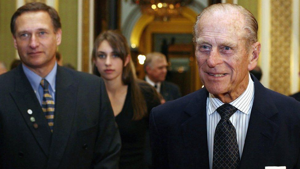 The Duke of Edinburgh, Sir David and his daughter Alicia at a reception to mark the 50th anniversary of the Duke of Edinburgh awards in October 2005