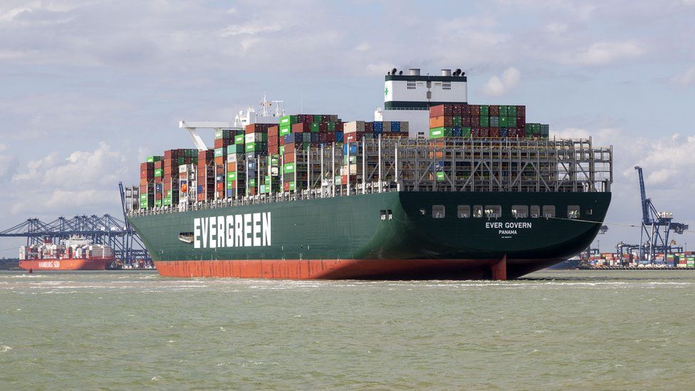 An Evergreen container ship at Felixstowe Port