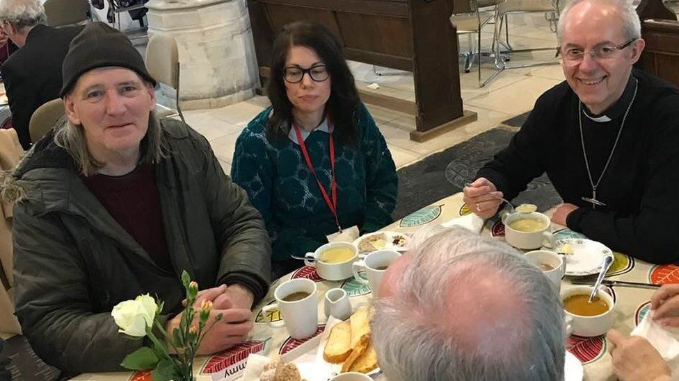 The Archbishop of Canterbury sat down to eat with some staff and users of the church
