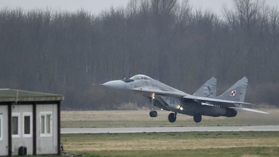 A Polish Air Force MiG 29 fighter during a flight in February 2023