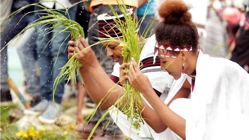 People taking part in the Irreecha festival in Bishoftu, Ethiopia - Sunday 1 October 2017