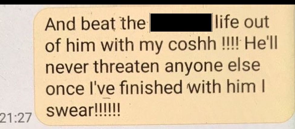Text from Henshaw reading: "And beat the [] life out of him with my coshh !!!! He'll never threaten anyone else once I've finished with him I swear !!!!!"