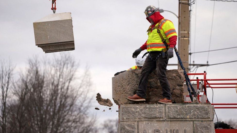 A Confederate monument removed in Richmond, Virginia, December 2022