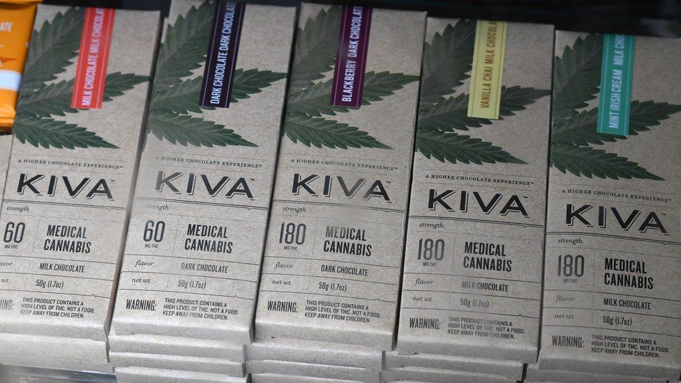 Chocolate bars with cannabis called "edibles" are for sale at the Higher Path medical marijuana dispensary in the San Fernando Valley area of Los Angeles, California, 27 December 2017