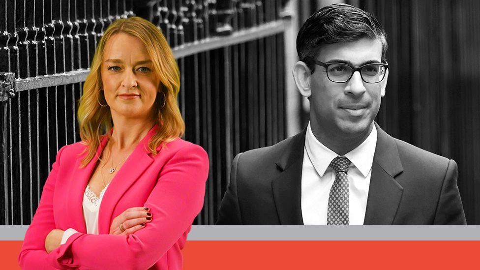 Composite image showing BBC political presenter Laura Kuenssberg and a black-and-white image of Prime Minister Rishi Sunak