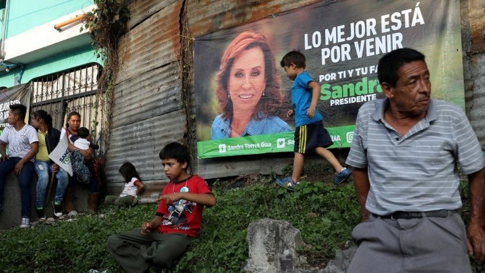 An election banner with an image of Sandra Torres, presidential candidate for the National Unity of Hope (UNE), is displayed during a rally in Guatemala City, Guatemala, June 8, 2019.