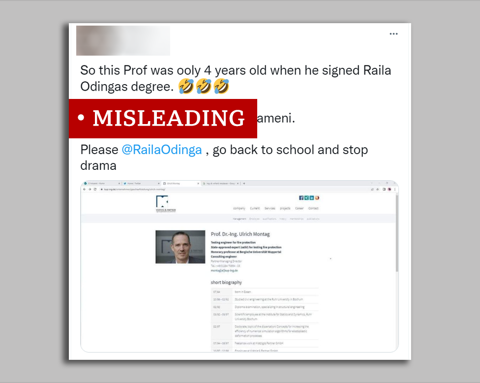 Screengrab of a tweet sharing the profile of the wrong Prof Montag