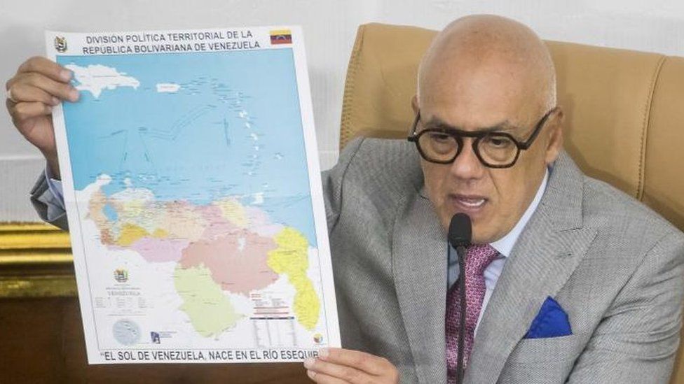 President of the National Assembly, Jorge Rodriguez, shows a map of Venezuela with the accession of Essequibo during a body session in Caracas, Venezuela, 06 December 2023.