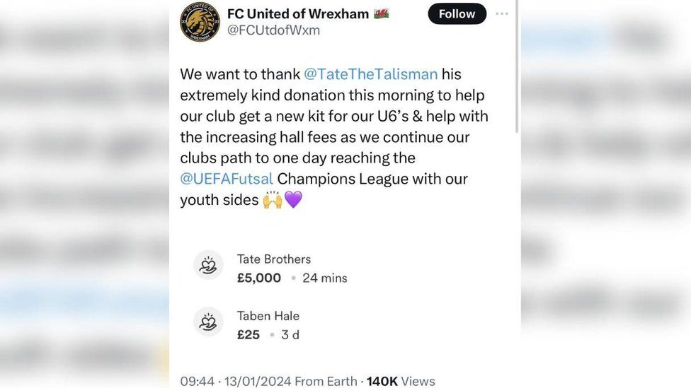 Wrexham's FC United thanked Tristan Tate on X, formerly known as Twitter for his £5,000 donation