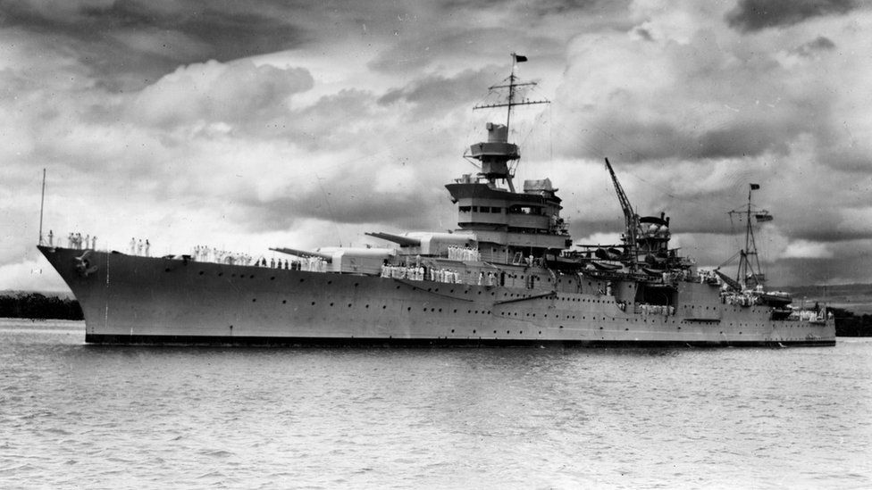 This 1937 image released by the US Navy shows the Portland-class heavy cruiser USS Indianapolis in Pearl Harbor in 1937
