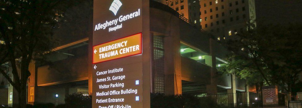 Entrance to the Emergency Trauma Center at Allegheny General Hospital, where authorities say Saturday's Tree of Life synagogue shooting suspect Robert Bowers was hospitalised