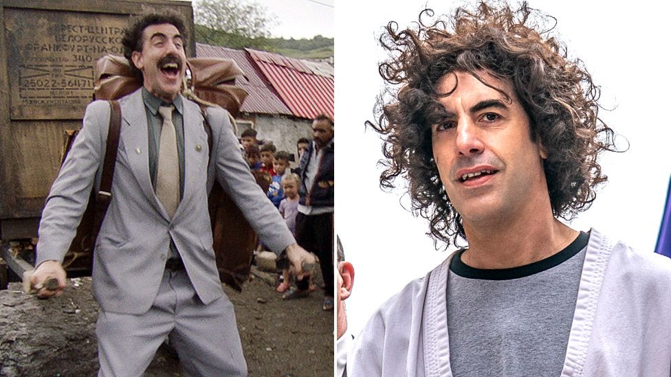 Sacha Baron Cohen in Borat 2 (left) and The Trial of the Chicago 7