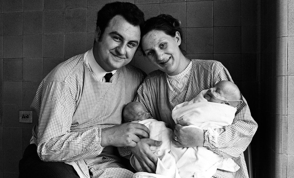 Loris Rozycki, his wife, Barbara, and their separated twin daughters, Barbara and Anna, pictured at Birmingham Children's Hospital in June 1970