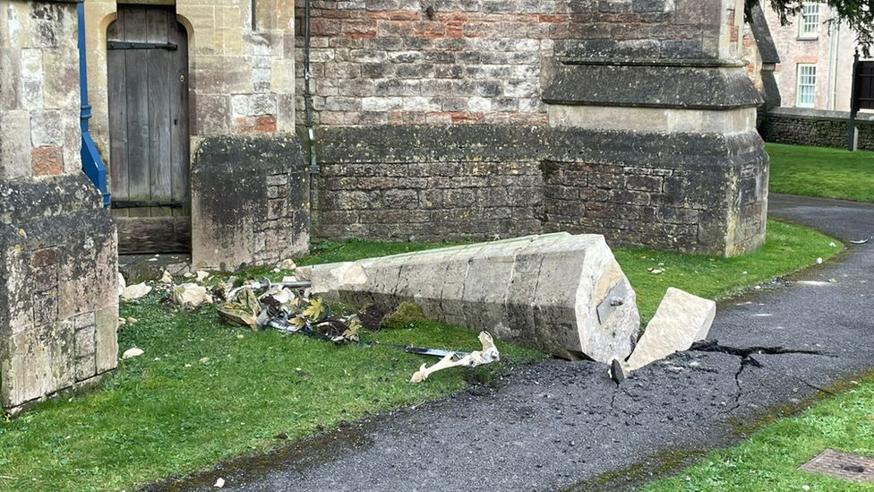 Spire from St Thomas's Church in Wells on the ground after being blown of by Storm Eunice