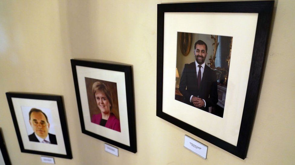 Photos of First Ministers of Scotland including Humza Yousaf, Nicola Sturgeon and Alex Salmond are displayed on a wall in Bute House, the official residence in Edinburgh, on Monday