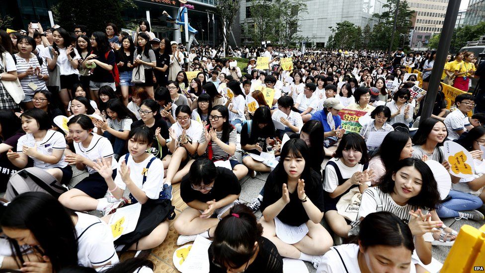 South Korean supporters of former comfort women, gather during the weekly rally against the Japanese government, near the Japanese Embassy in Seoul, South Korea, 05 August 2015