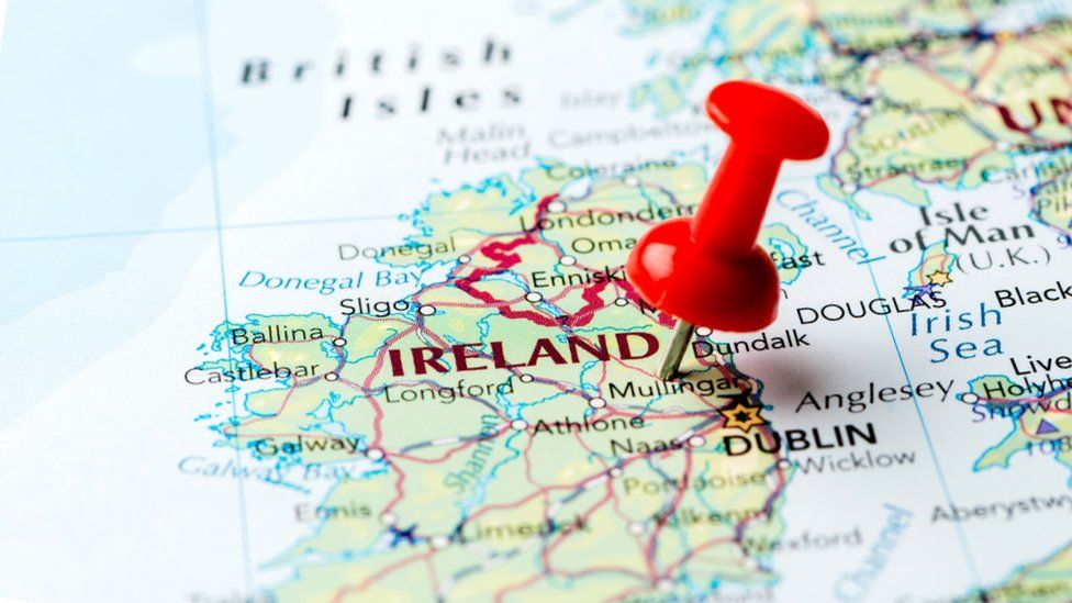 A map of Ireland with a drawing pin stuck in it