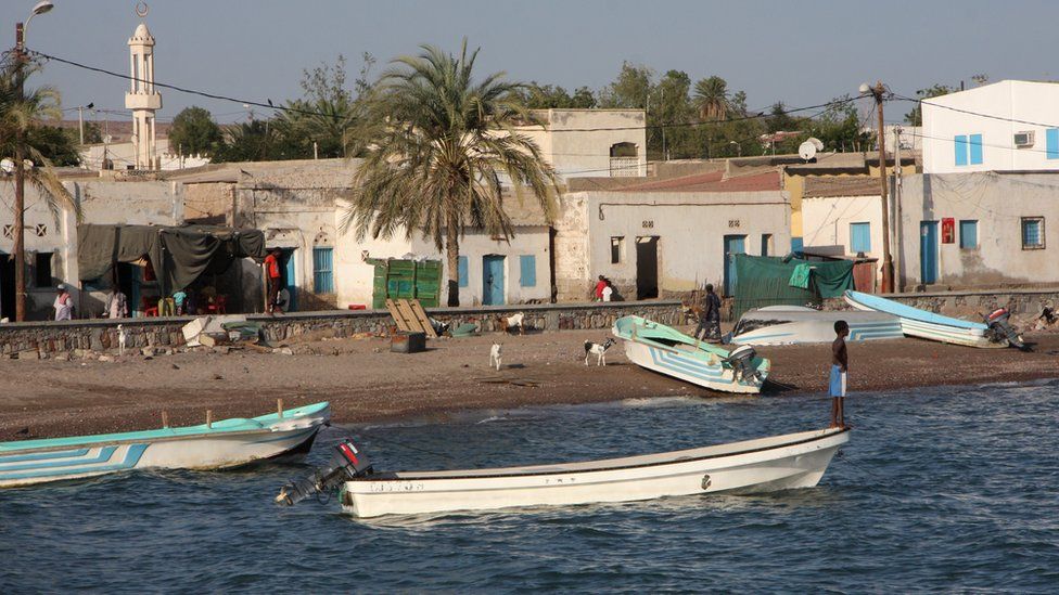 View of white-washed houses and mosque in Tadjoura, Djibouti