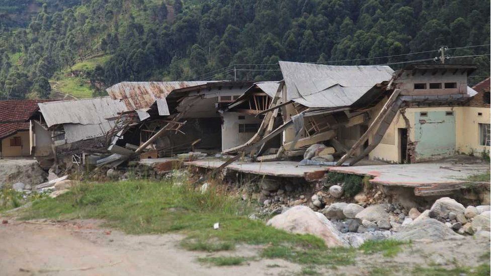 Destroyed houses in flood-damaged Kilembe town, Western Uganda