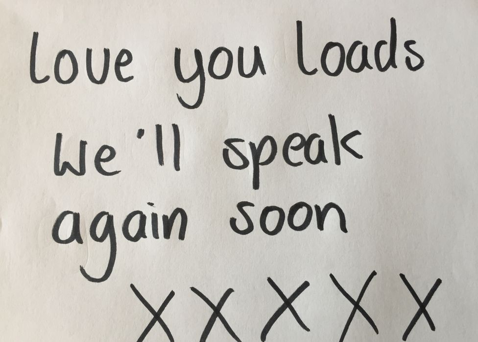A note written by Sandra Mayhew: "Love you loads, we'll speak again soon xxxxx"