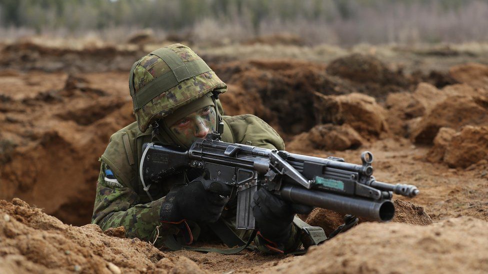 An Estonian soldier takes part in a military exercise in Tapa during March of this year